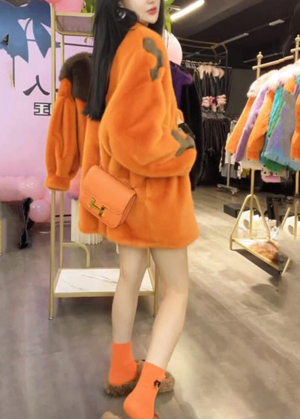 Lune London | Winter mink jacket with orange pockets and casual V neckline