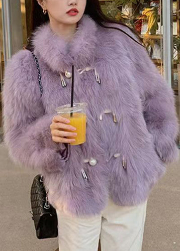 Lune London | Lilac High Collar Button Leather and Fur Coats