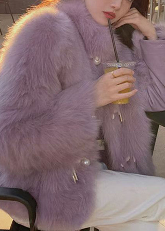 Lune London | Lilac High Collar Button Leather and Fur Coats