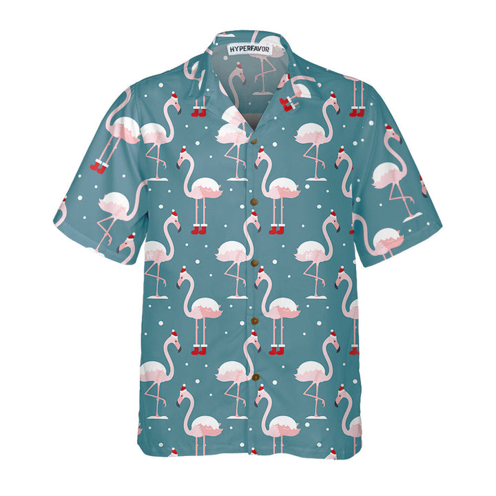 Lune London | Pink flamingo Hawaiian shirt for Christmas holidays, Pink flamingo in Santa hat Christmas shirt, Best Christmas gift idea