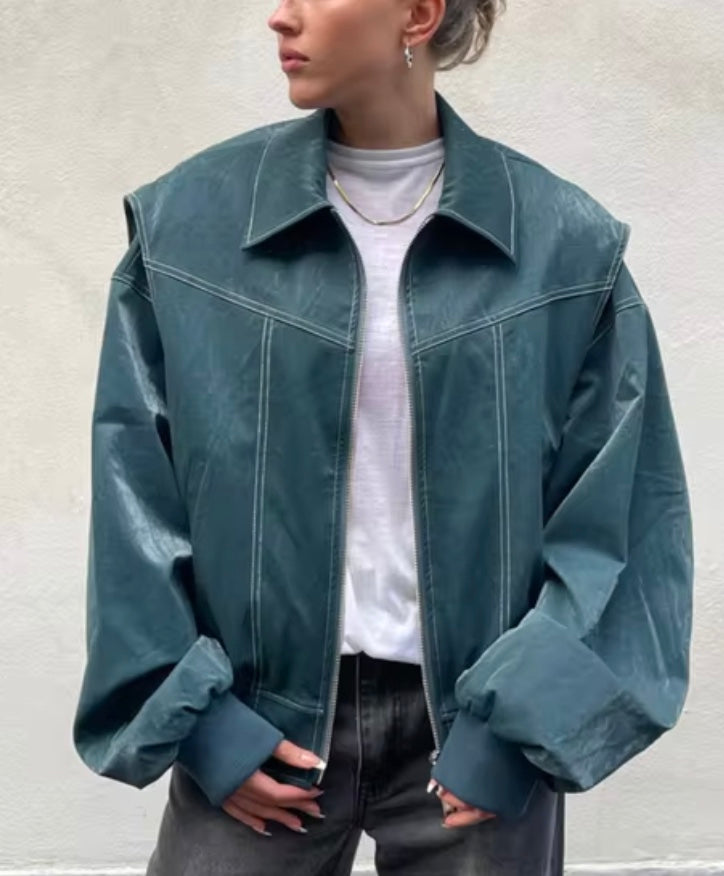 Lune London | Oversized Bomber Jacket in Faux Leather Street Style Transitional Jacket Casual Fashion Trend