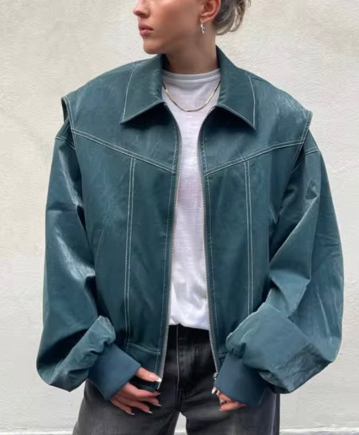 Lune London | Oversized Bomber Jacket in Faux Leather Street Style Transitional Jacket Casual Fashion Trend