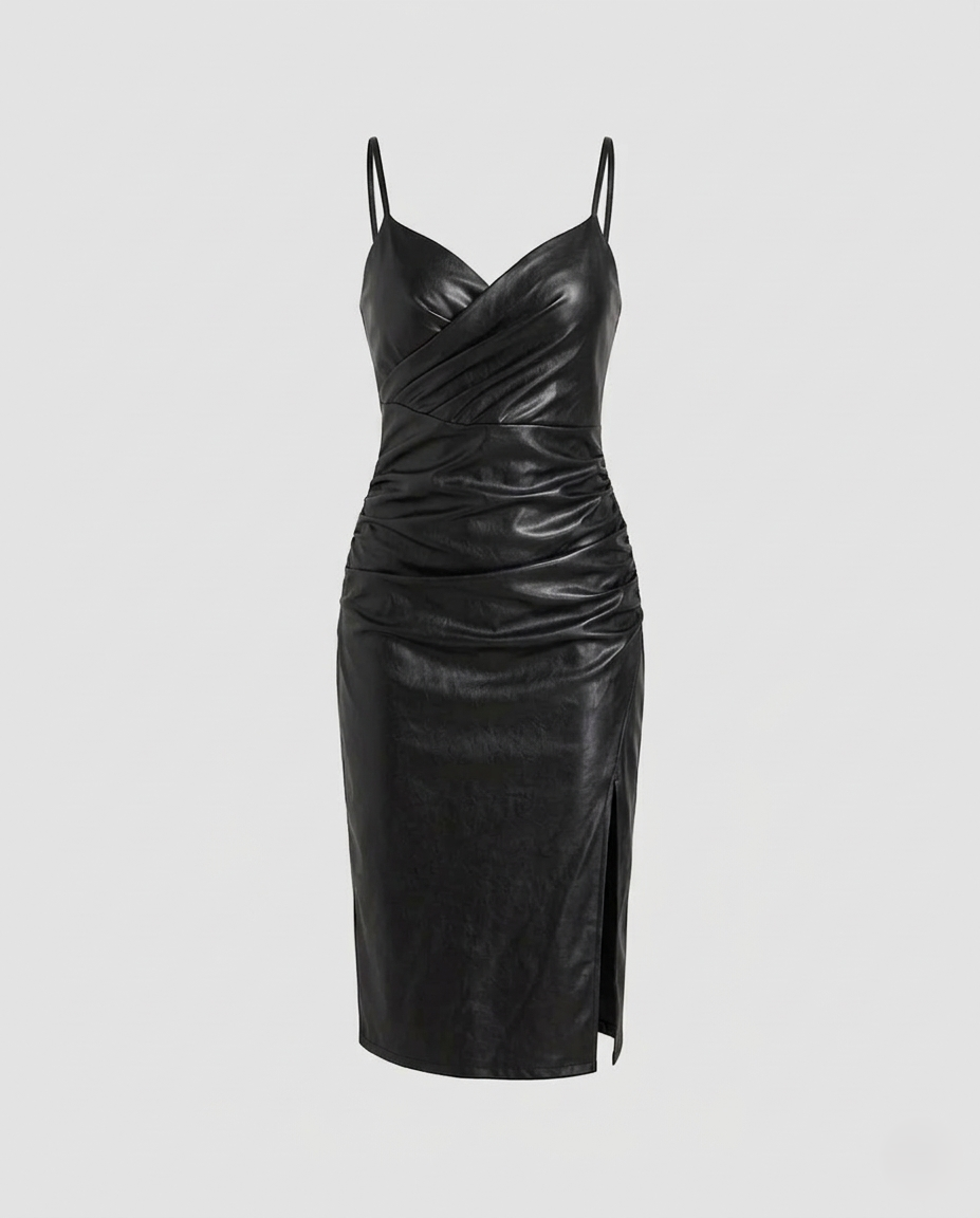 Women fitted leather dress with slit