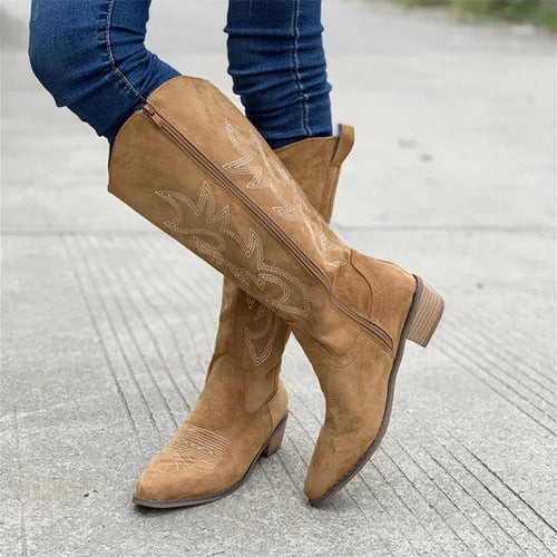 Lune London | Cowboy Boots - Suede Texture - Embroidered Shaft - Mid Calf - Low Heel