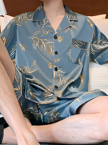 Lune London | Men's Summer Ice Silk Pajama Set with Floral and Leaf Print