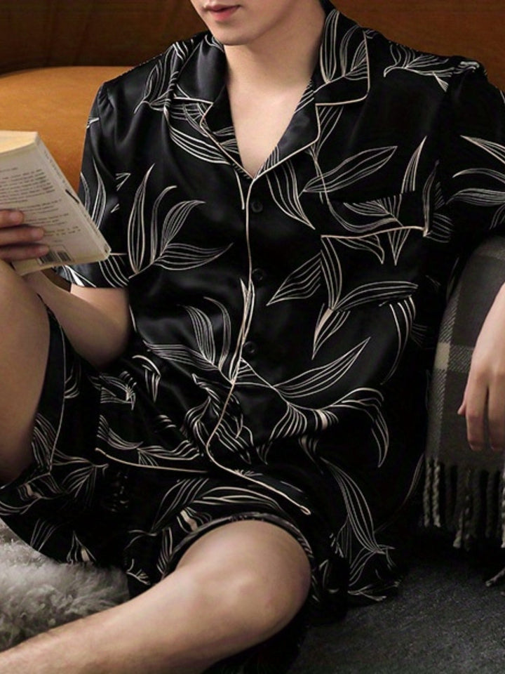 Lune London | Men's Summer Ice Silk Pajama Set with Floral and Leaf Print