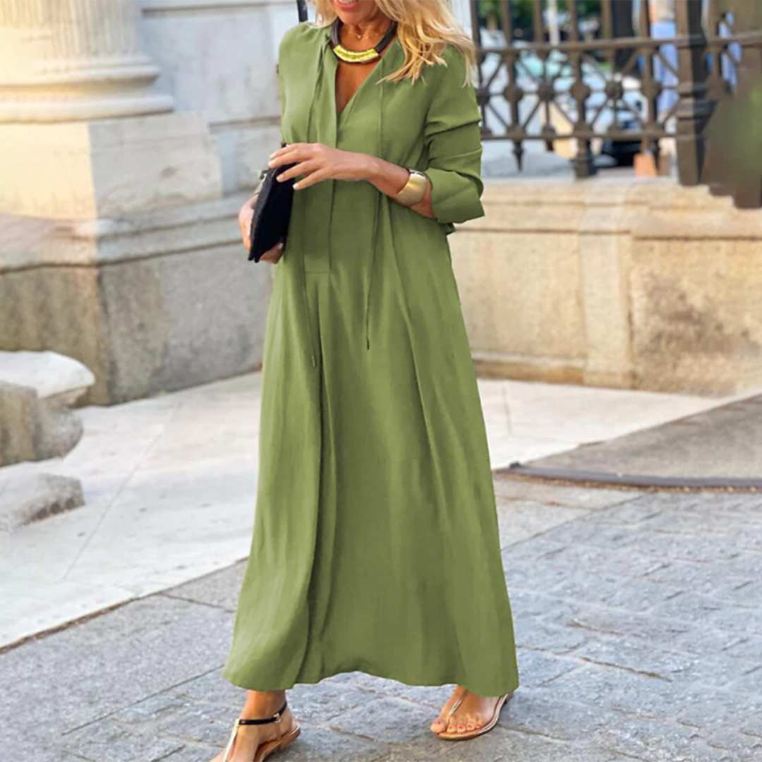 Lune London | Elegant Long Summer Dress with Mid-Length Sleeves and A V-Neck