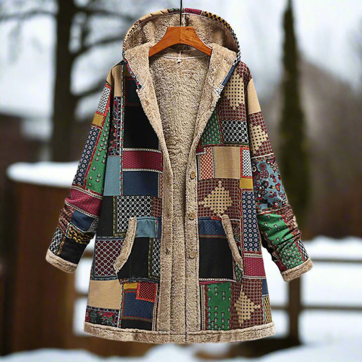 Lune London | Longer Patchwork Coat - Lined with Fleece - Hood & Button Closure - Casual Look