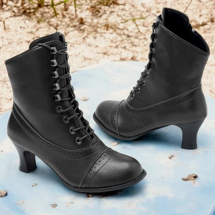 Lune London | Women Victorian Brown Mid-Heel Lace-Up Boots with Zipper