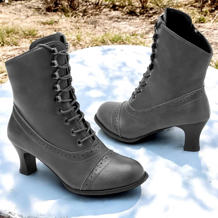 Lune London | Women Victorian Brown Mid-Heel Lace-Up Boots with Zipper