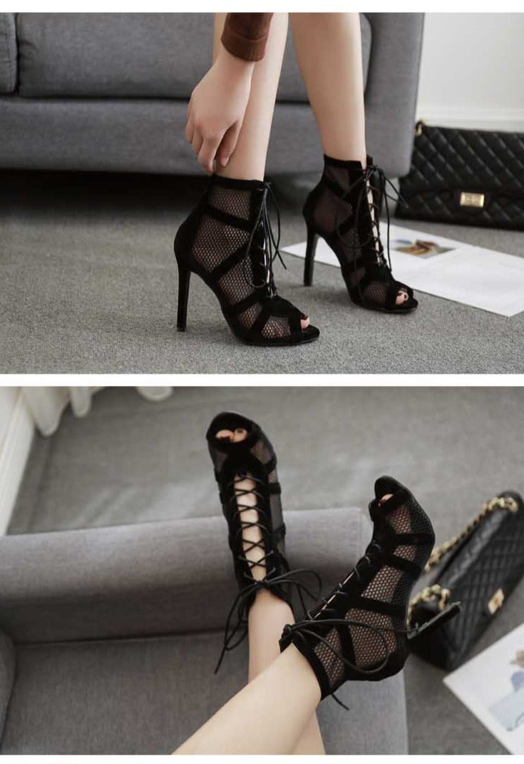 Lune London | Black Lacing Peep Toe Net High Heel Ankle Boots