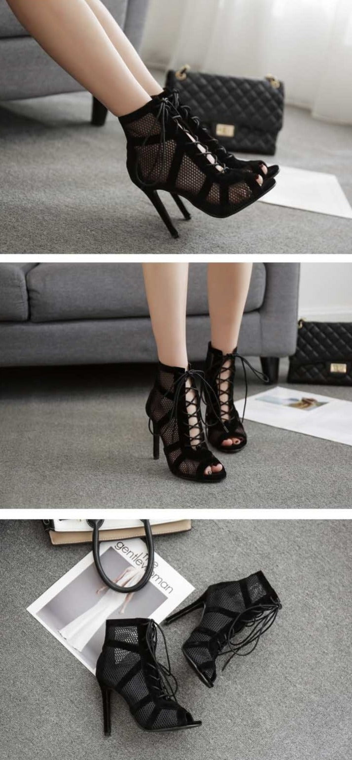 Lune London | Black Lacing Peep Toe Net High Heel Ankle Boots