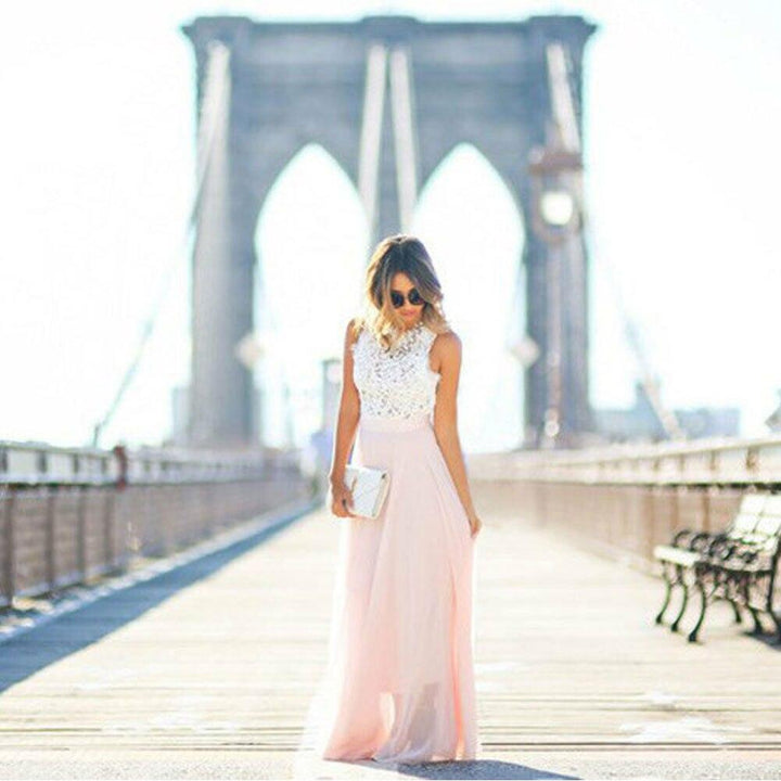 Lune London | Sleeveless Dress Elegant Lace Top Flowing Long Skirt Dressy Clothing