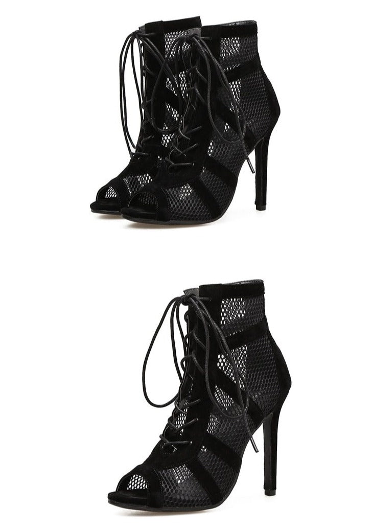 Lune London | Black Lacing Peep Toe Net High Heel Ankle Boots