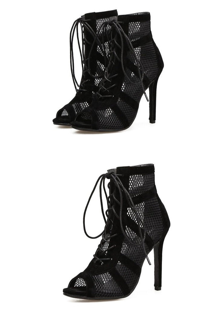 Lune London | Black Lacing Peep Toe Net High Heel Ankle Boots