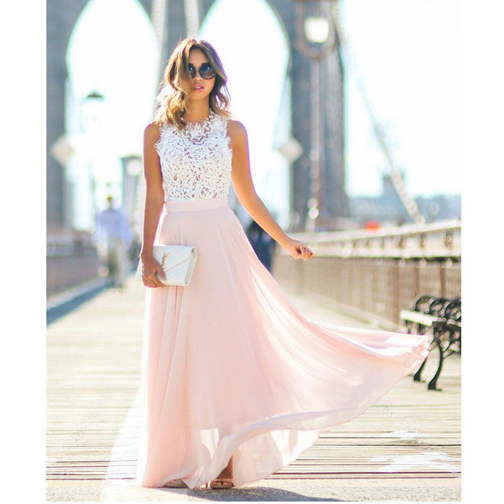 Lune London | Sleeveless Dress Elegant Lace Top Flowing Long Skirt Dressy Clothing