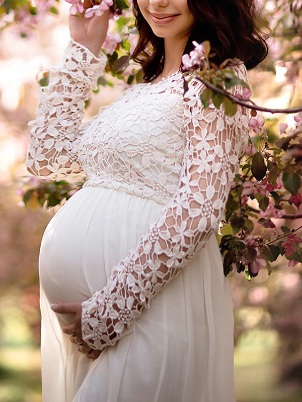 Lune London | Maternity Dress Cutouts Lace Chiffon Round Neck Long Sleeves for Ladies Elegant for The Evening Prom Pregnant