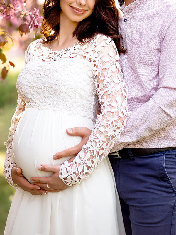 Lune London | Maternity Dress Cutouts Lace Chiffon Round Neck Long Sleeves for Ladies Elegant for The Evening Prom Pregnant