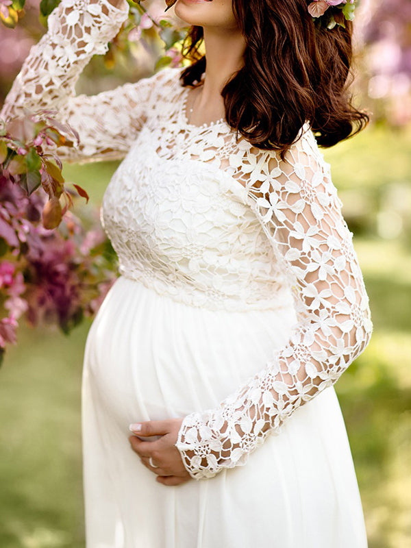 Lune London | Maternity Dress Cutouts Lace Chiffon Round Neck Long Sleeves for Ladies Elegant for The Evening Prom Pregnant