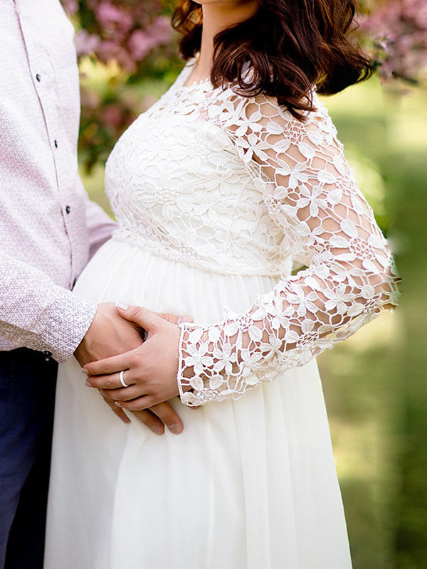 Lune London | Maternity Dress Cutouts Lace Chiffon Round Neck Long Sleeves for Ladies Elegant for The Evening Prom Pregnant