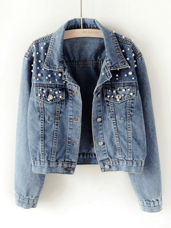 Lune London | Denim Jacket Buttoned Pockets Rhinestone Bead Trim Lapel Collar Long Sleeves Women's Fashion Casual Oversized Laid-Back