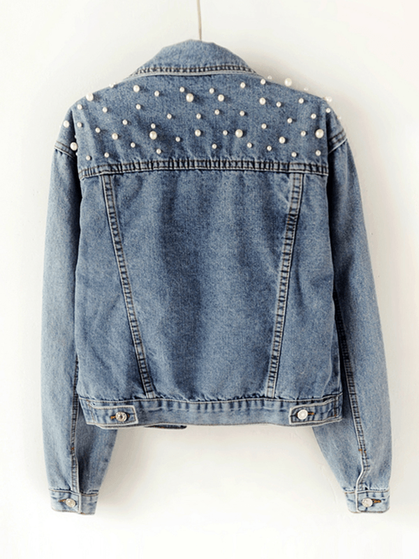 Lune London | Denim Jacket Buttoned Pockets Rhinestone Bead Trim Lapel Collar Long Sleeves Women's Fashion Casual Oversized Laid-Back