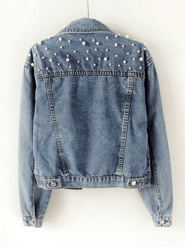 Lune London | Denim Jacket Buttoned Pockets Rhinestone Bead Trim Lapel Collar Long Sleeves Women's Fashion Casual Oversized Laid-Back
