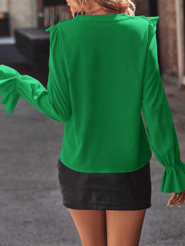 Lune London | Ruffled Button-Down Shirt V-Neck Jabot Collar Flared Sleeves Long Sleeves Women Sweet Elegant Fashion Blouse