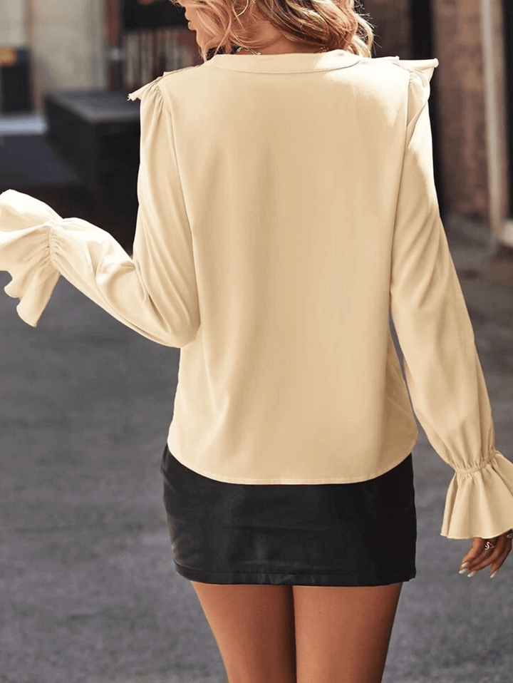 Lune London | Ruffled Button-Down Shirt V-Neck Jabot Collar Flared Sleeves Long Sleeves Women Sweet Elegant Fashion Blouse