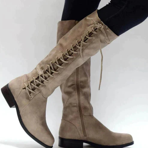 Lune London | knee-high boots - lacing in front - synthetic leather - flat sole - side zipper