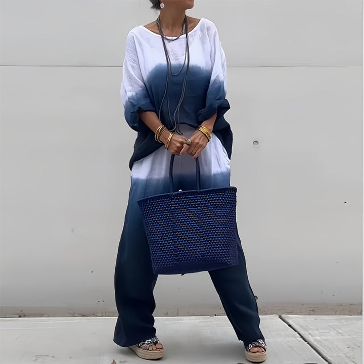 Lune London | T-Shirt + Pants Made of Cotton and Linen with Gradient and Round Neckline for Women