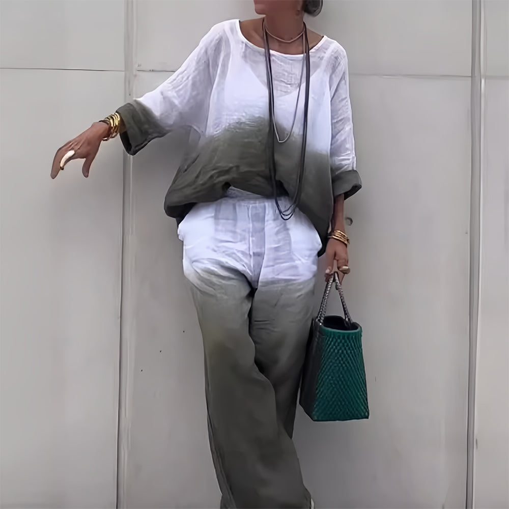 Lune London | T-Shirt + Pants Made of Cotton and Linen with Gradient and Round Neckline for Women