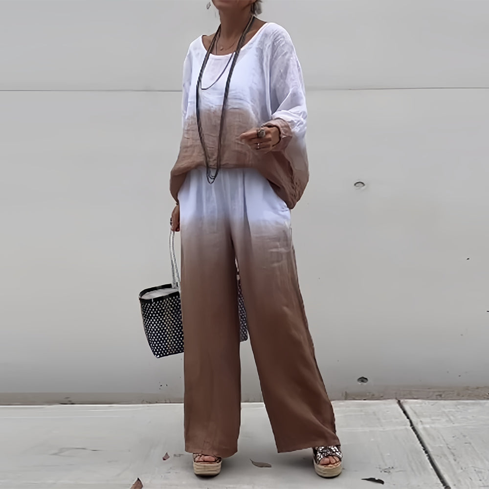 Lune London | T-Shirt + Pants Made of Cotton and Linen with Gradient and Round Neckline for Women