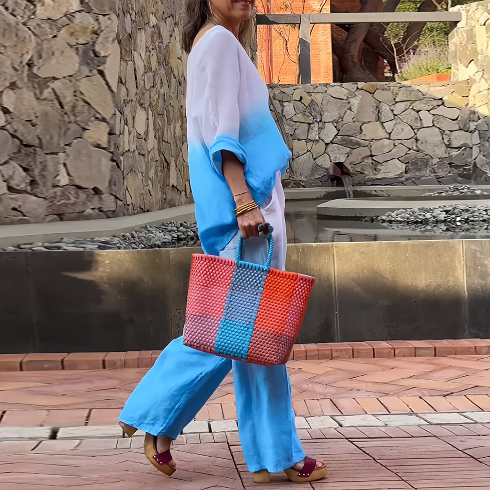 Lune London | T-Shirt + Pants Made of Cotton and Linen with Gradient and Round Neckline for Women
