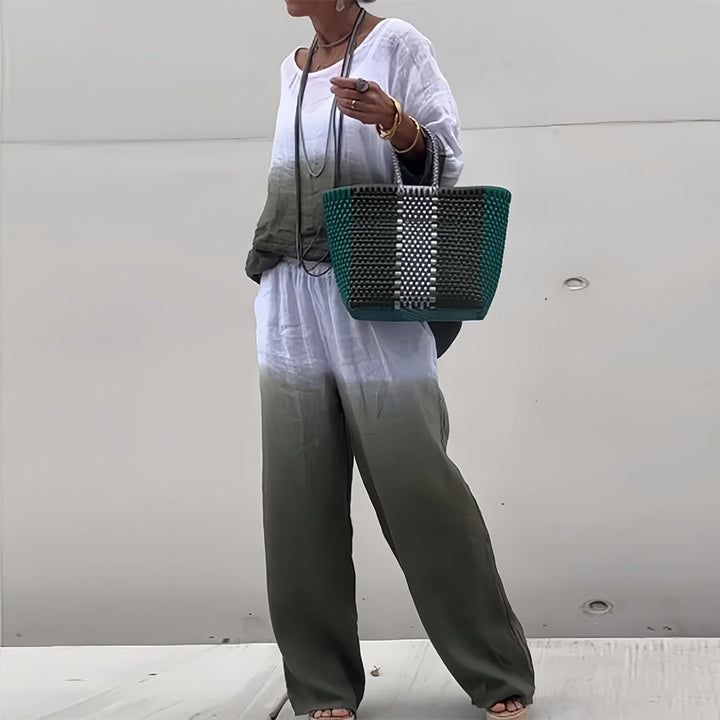 Lune London | T-Shirt + Pants Made of Cotton and Linen with Gradient and Round Neckline for Women