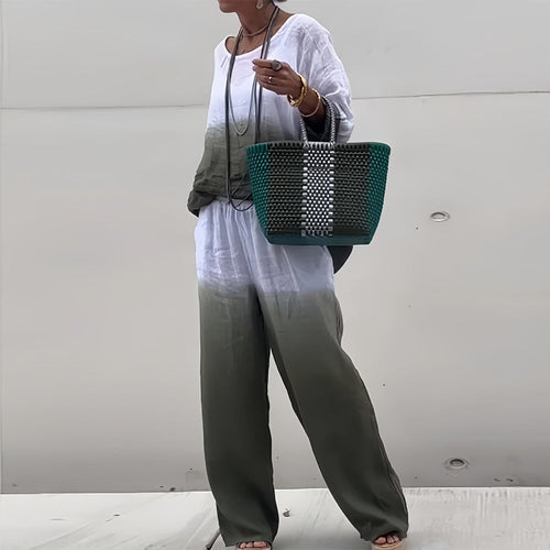 Lune London | T-Shirt + Pants Made of Cotton and Linen with Gradient and Round Neckline for Women