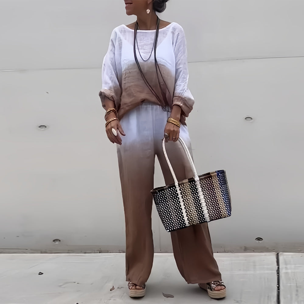 Lune London | T-Shirt + Pants Made of Cotton and Linen with Gradient and Round Neckline for Women