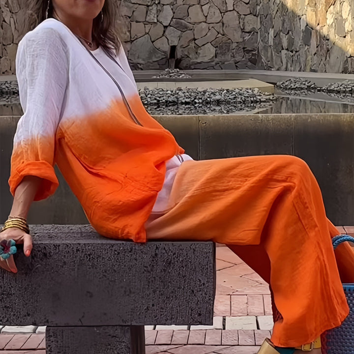 Lune London | T-Shirt + Pants Made of Cotton and Linen with Gradient and Round Neckline for Women