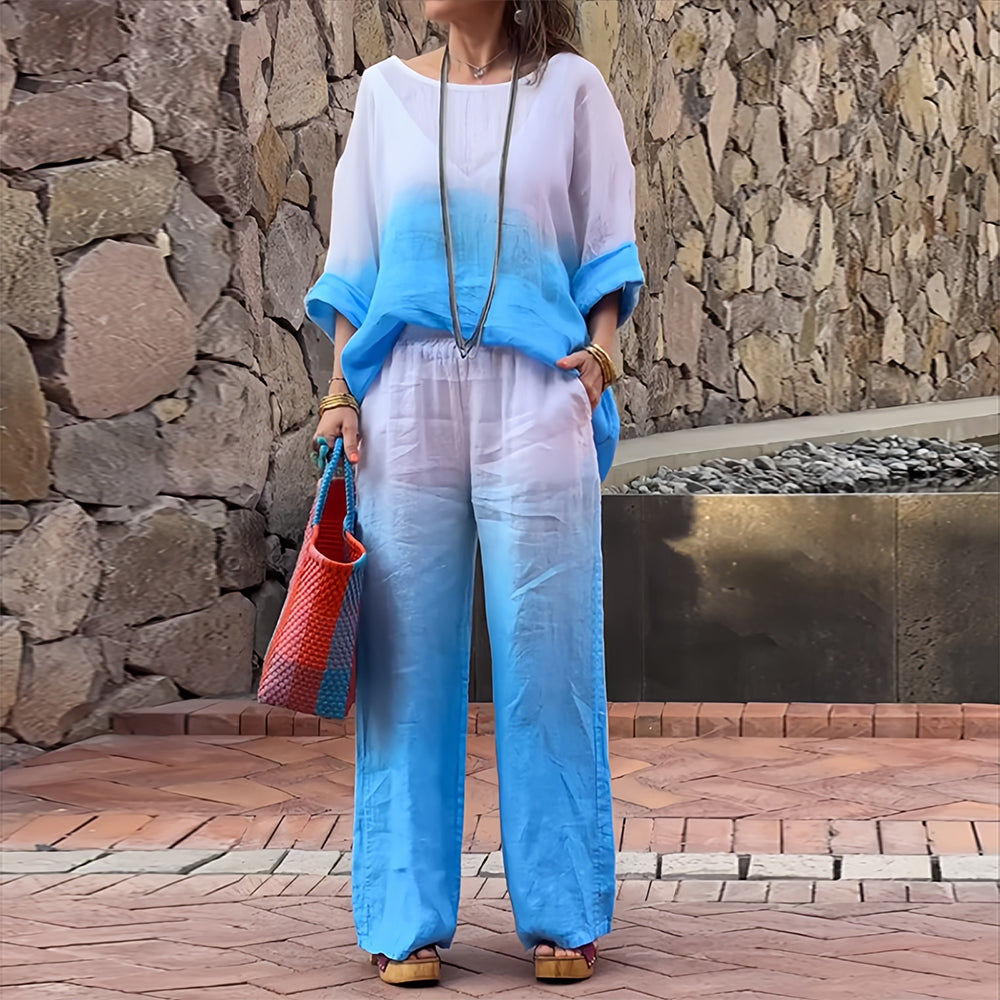 Lune London | T-Shirt + Pants Made of Cotton and Linen with Gradient and Round Neckline for Women