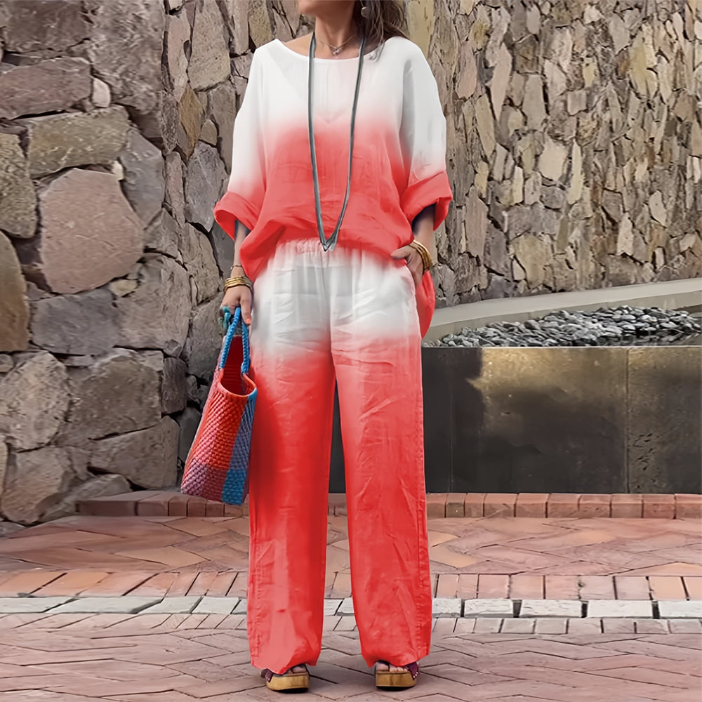Lune London | T-Shirt + Pants Made of Cotton and Linen with Gradient and Round Neckline for Women