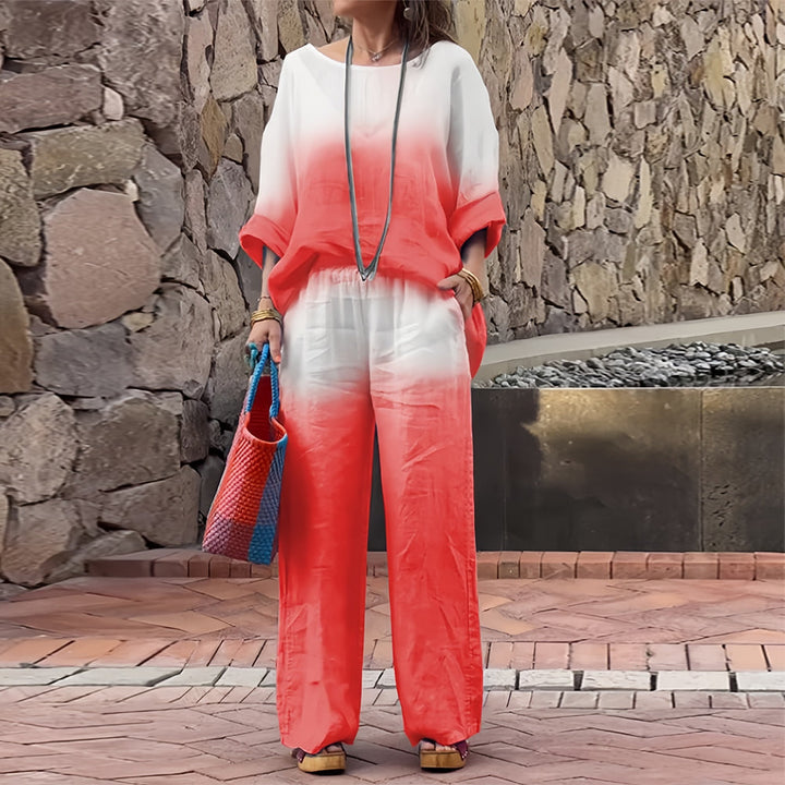 Lune London | T-Shirt + Pants Made of Cotton and Linen with Gradient and Round Neckline for Women