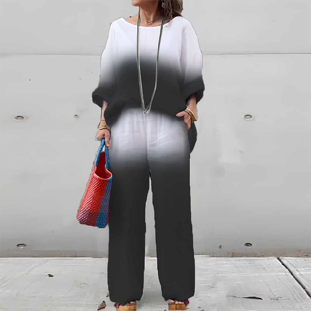 Lune London | T-Shirt + Pants Made of Cotton and Linen with Gradient and Round Neckline for Women