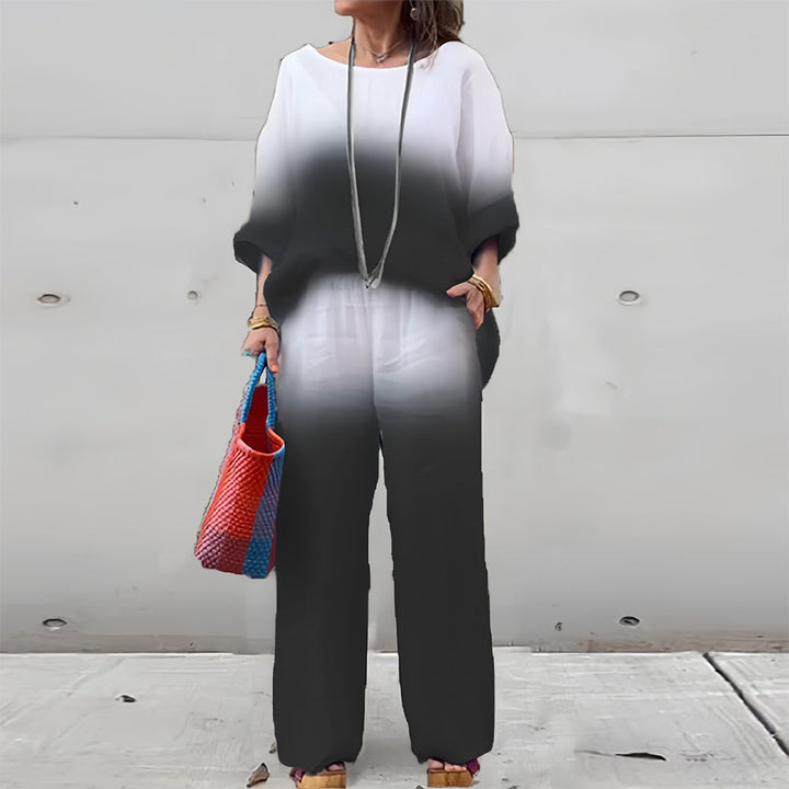 Lune London | T-Shirt + Pants Made of Cotton and Linen with Gradient and Round Neckline for Women