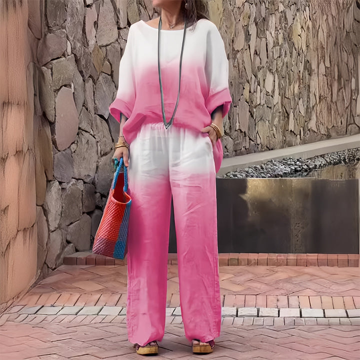 Lune London | T-Shirt + Pants Made of Cotton and Linen with Gradient and Round Neckline for Women