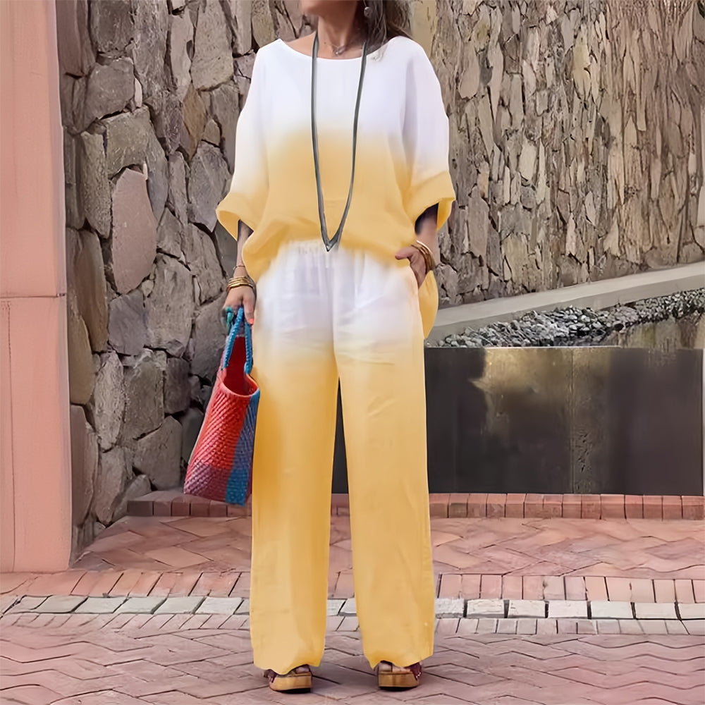 Lune London | T-Shirt + Pants Made of Cotton and Linen with Gradient and Round Neckline for Women