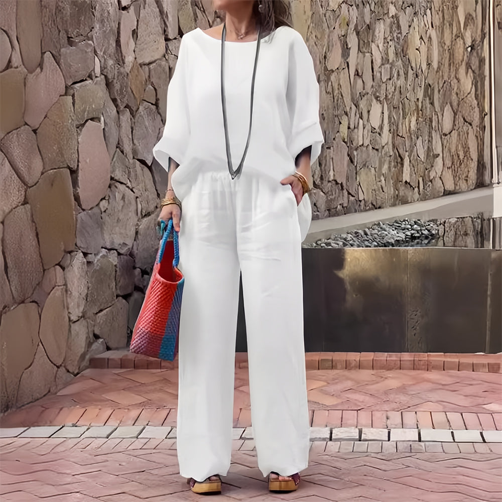 Lune London | T-Shirt + Pants Made of Cotton and Linen with Gradient and Round Neckline for Women