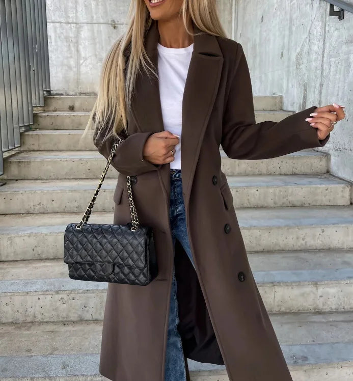 Lune London | Women's Long Wool Winter Jacket with Lapel Collar and Buttonless Zipper