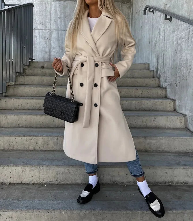 Lune London | Women's Long Wool Winter Jacket with Lapel Collar and Buttonless Zipper