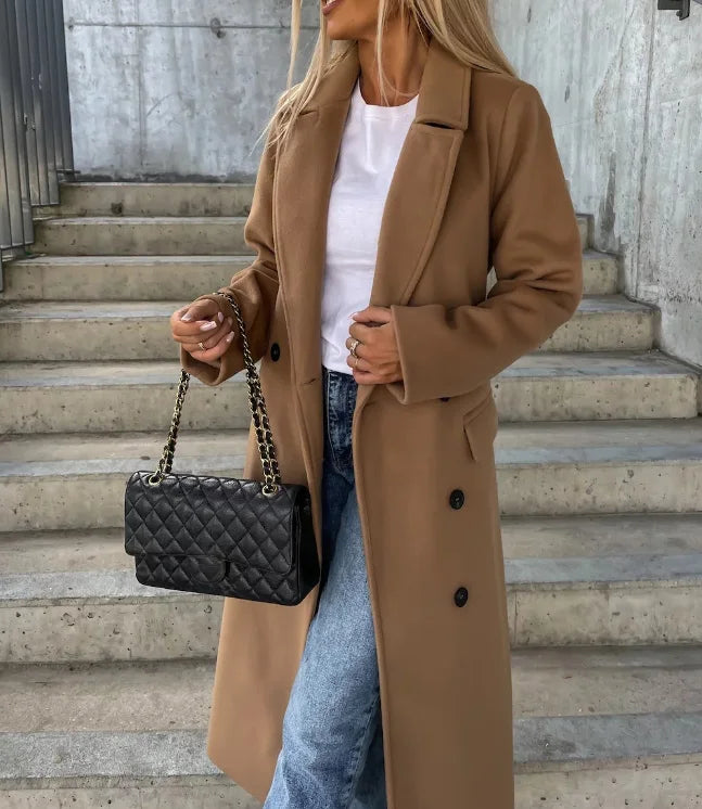 Lune London | Women's Long Wool Winter Jacket with Lapel Collar and Buttonless Zipper