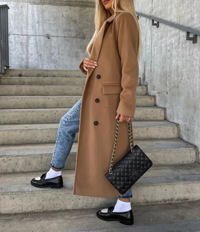 Lune London | Women's Long Wool Winter Jacket with Lapel Collar and Buttonless Zipper